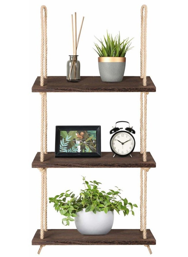 Mkono Hanging Shelves 3 Tier Rustic Wood Wall Mount Floating Shelf with Rope Window Plant Photos Display Home Decor for Bathroom Living Room Bedroom Kitchen Apartment, Decoractive Storage Shelf - Image 1