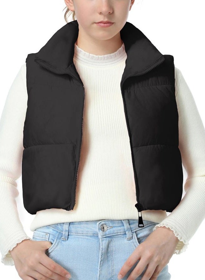 EXARUS Girls Puffer Vest Cropped Puffy Teen Water Resistant Pockets Lightweight Sleeveless Outerwear Bubble Kids 6-14Y, Black, 10 years - Image 2