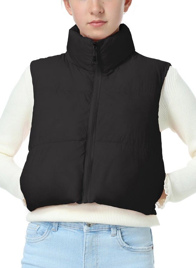 EXARUS Girls Puffer Vest Cropped Puffy Teen Water Resistant Pockets Lightweight Sleeveless Outerwear Bubble Kids 6-14Y, Black, 10 years - Image 1