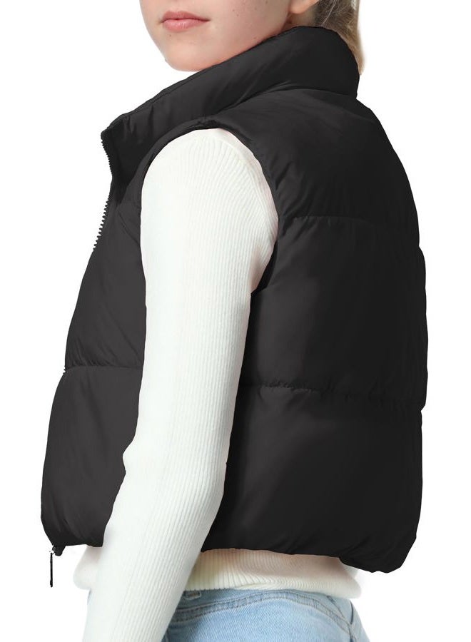 EXARUS Girls Puffer Vest Cropped Puffy Teen Water Resistant Pockets Lightweight Sleeveless Outerwear Bubble Kids 6-14Y, Black, 10 years - Image 3