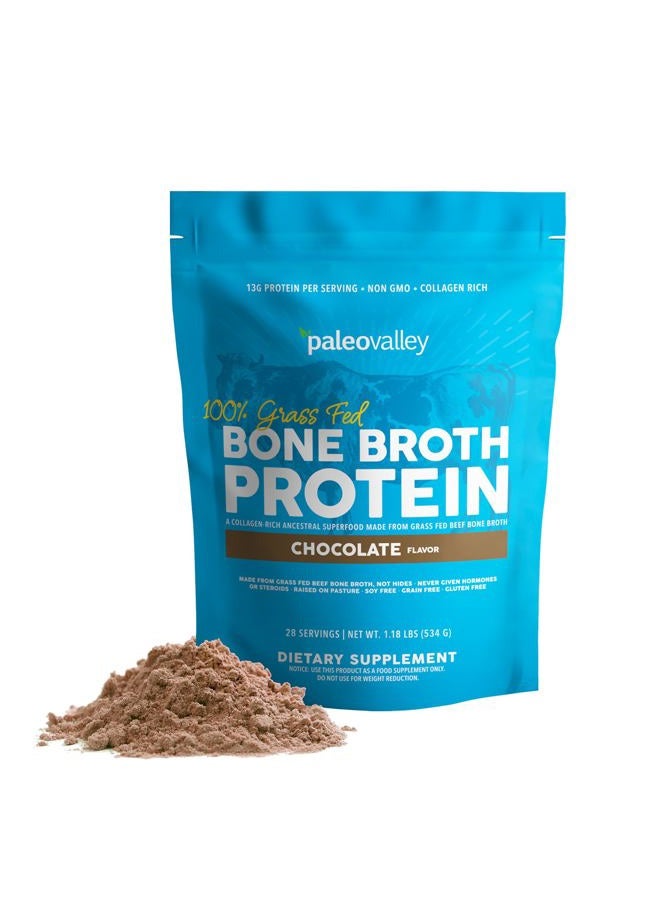 Paleovalley مسحوق بروتين مرق العظام 100% من العشب - شوكولاتة - غني بالكولاجين لصحة الشعر والبشرة والأمعاء ودعم العظام والمفاصل - 28 حصة - Image 1
