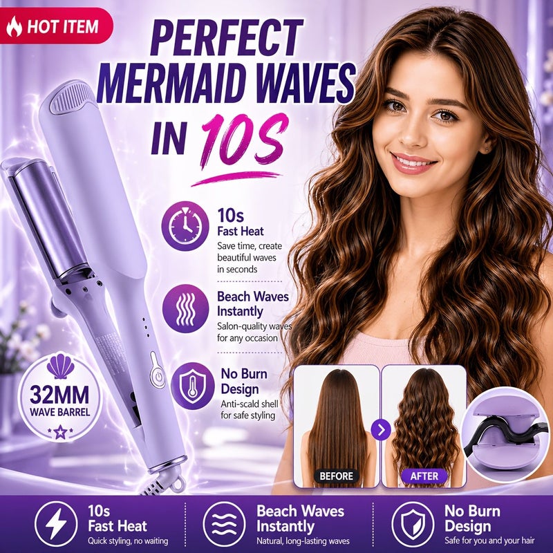 Purple 32mm Hair Straightener Adjustable Temperature Fast Curls Safe Thermal Control - Image 2