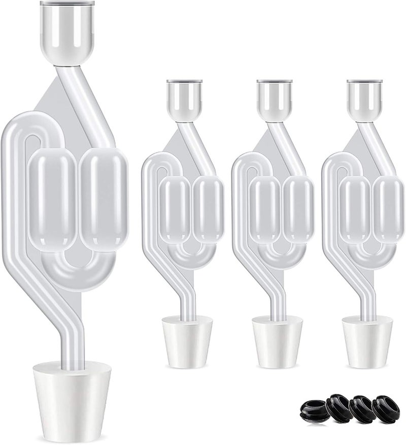 OneBom Airlock for Fermentation 4 Pack, Twin Bubble S Type with Drilled #6 Silicone Stopper and 4 Grommets - Image 1
