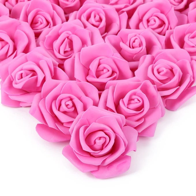 ARTIFICIAL ROSE FLOWER HEADS 100PCS REAL LOOKING HOT PINK FOAM FAKE ROSES FOR DIY WEDDING BABY SHOWER CENTERPIECES ARRANGEMENTS PARTY TABLES HOME DECORATIONS HOT PINK STEMLESS
