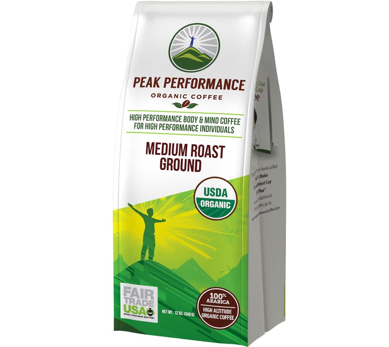Peak Performance High Altitude Organic Coffee. Fair Trade, Low Acid, Non GMO, and Beans Full Of Antioxidants. Medium Roast Smooth Tasting USDA Certified Organic Ground Coffee Bag - Image 1