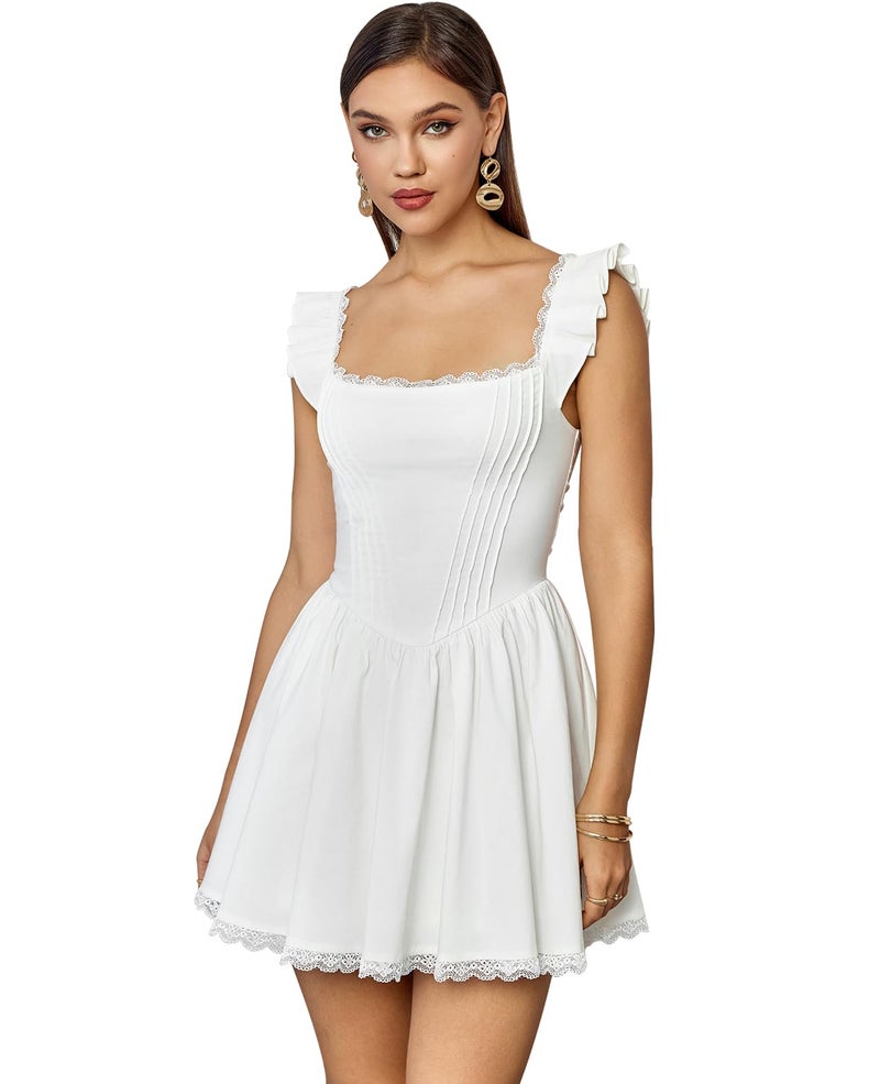 GLNEGE Women's Graduation Summer Mini Corset Dress Square Neck Short Ruffle Sleeve A Line Cute Trendy Party Dresses 2026 White - Image 1