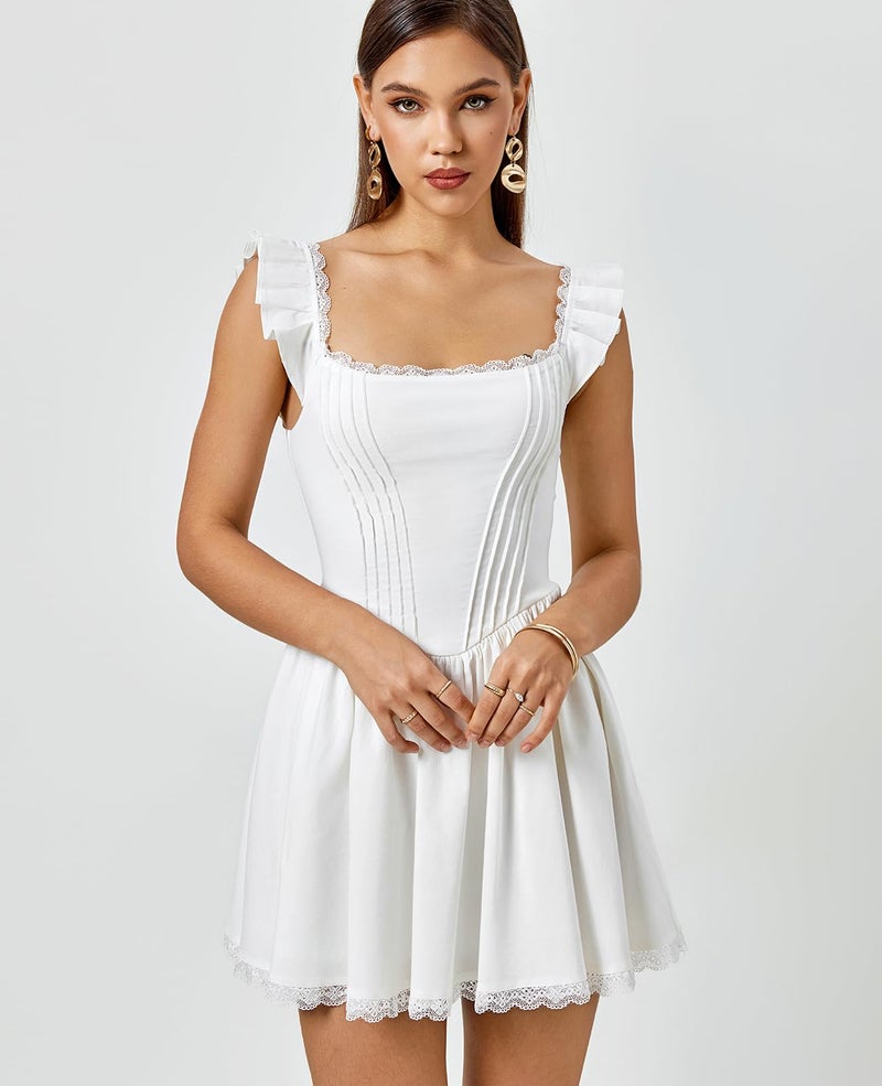 GLNEGE Women's Graduation Summer Mini Corset Dress Square Neck Short Ruffle Sleeve A Line Cute Trendy Party Dresses 2026 White - Image 2