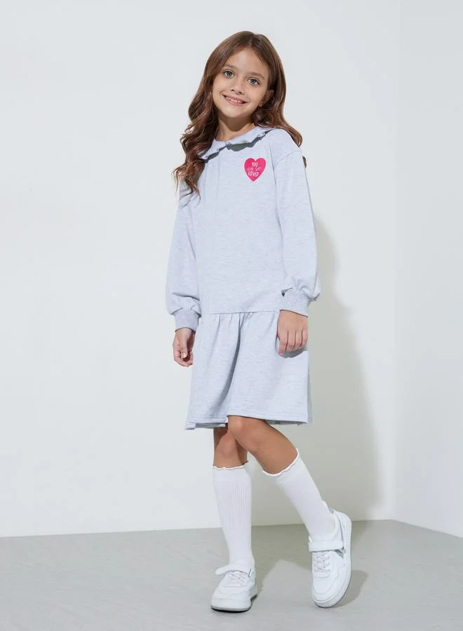 Styli Girls Grey Heart Print Ruffle Details Midi Sweatshirt Dress