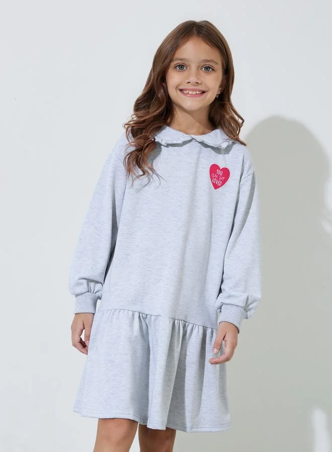 Styli Girls Grey Heart Print Ruffle Details Midi Sweatshirt Dress