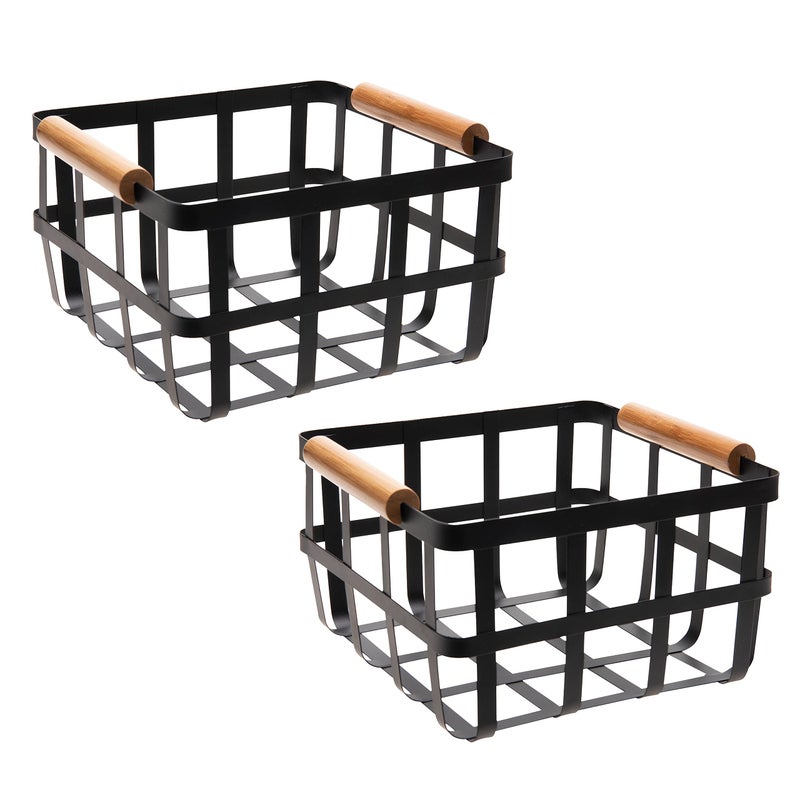 Simplify 2 Pack Square Metal Storage Basket with Bamboo Handles | Medium | Farmhouse Style Wire Basket | Home Organizer | Decorative | Rustic | Black - Image 1