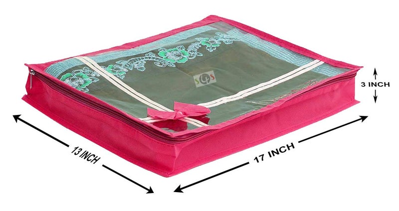S4S S4S 3 Piece Non Woven Transparent View Flower Design Attractive bow Saree Cover Bag with Stainless Steel Zip Lock Cloth Cover Wardrobe Organizer PINK - Image 3