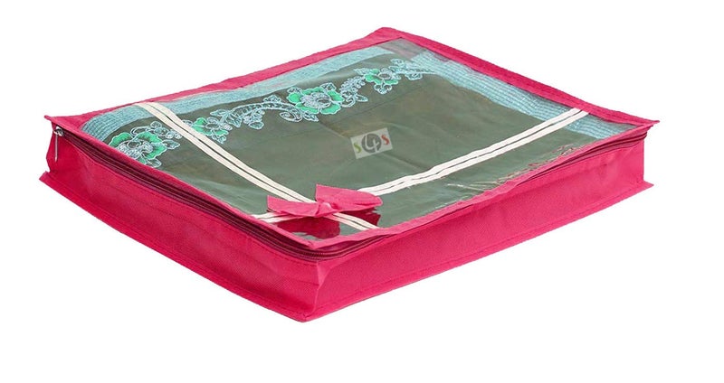 S4S S4S 3 Piece Non Woven Transparent View Flower Design Attractive bow Saree Cover Bag with Stainless Steel Zip Lock Cloth Cover Wardrobe Organizer PINK - Image 4