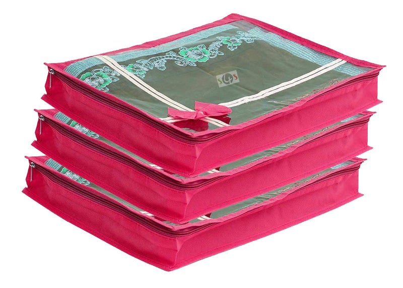 S4S S4S 3 Piece Non Woven Transparent View Flower Design Attractive bow Saree Cover Bag with Stainless Steel Zip Lock Cloth Cover Wardrobe Organizer PINK - Image 1