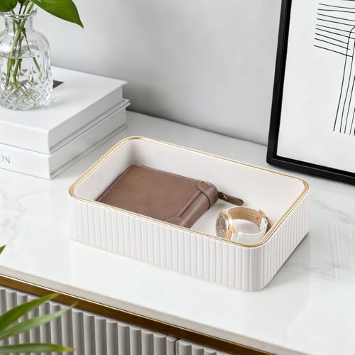 MEIBOOCH Desk Organizer Tray PU Leather Nightstand Organizer Perfume Valet Tray for Men Women Decorative Vanity Trays Trinket Dish Key Bowl for Entryway Table Ivory Small - Image 3