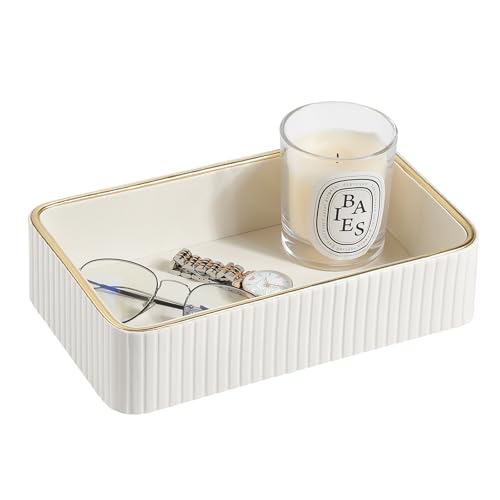 MEIBOOCH Desk Organizer Tray PU Leather Nightstand Organizer Perfume Valet Tray for Men Women Decorative Vanity Trays Trinket Dish Key Bowl for Entryway Table Ivory Small - Image 1