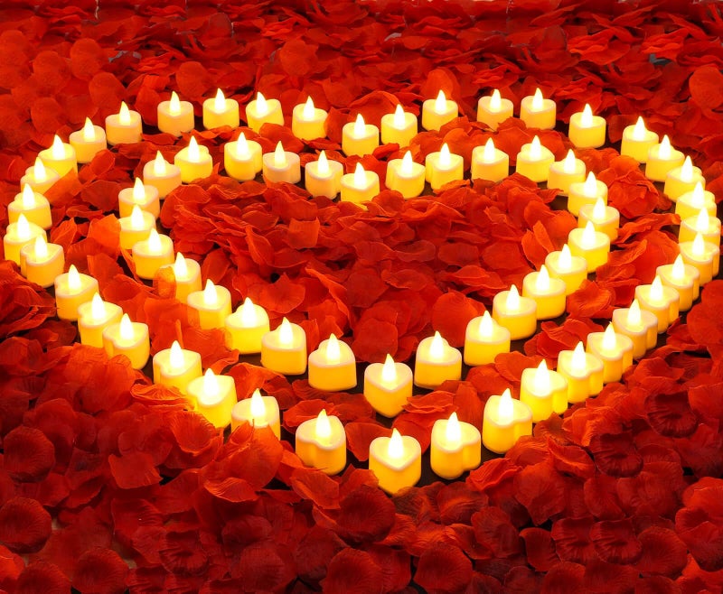 Acejoz Rose Petals and Candles Set, 6000 Pieces Fake Rose Petals and 72 Pieces Heart Candle Lights for Bedroom Romantic Decorations for Special Night, Wedding, Anniversary, Valentines Day - Image 1