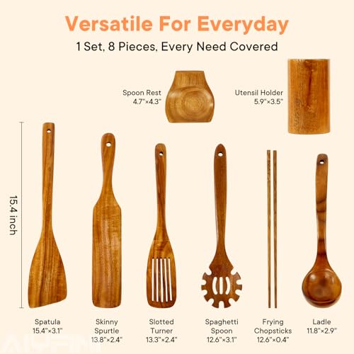Alyfini NonToxic Wooden Kitchen Utensils Set 154 Long Handle Wood Spatula for Cooking Egg Flipper Fish Turner Spatula for Non Stick Frying Pan with Chopsticks Soup Ladle Pasta Spoon Holder Rest - Image 3