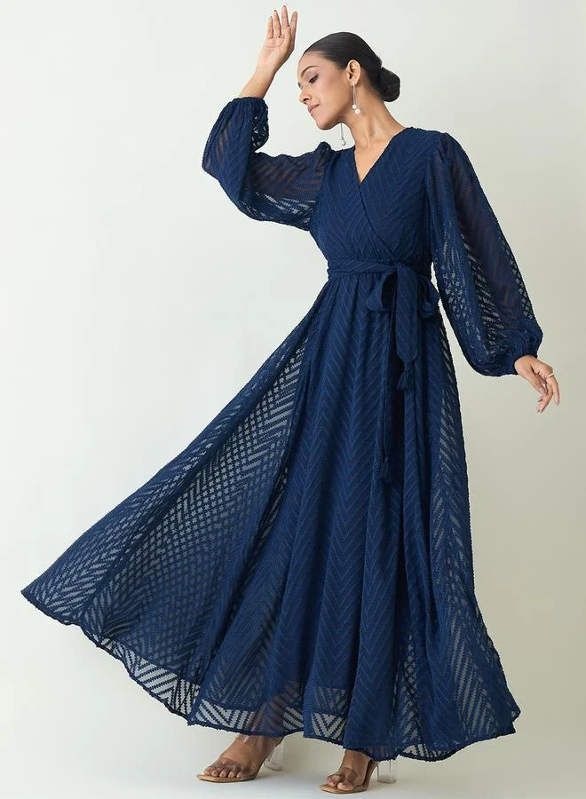 Femmella Femmella Chevron Dobby Wrap Maxi Dress with Waist Tie Detail