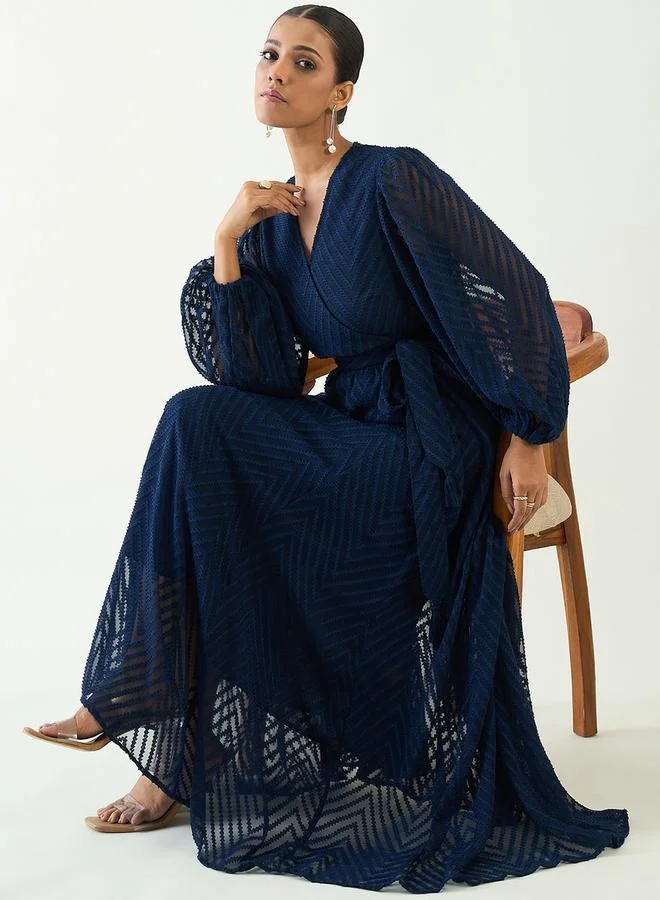 Femmella Femmella Chevron Dobby Wrap Maxi Dress with Waist Tie Detail