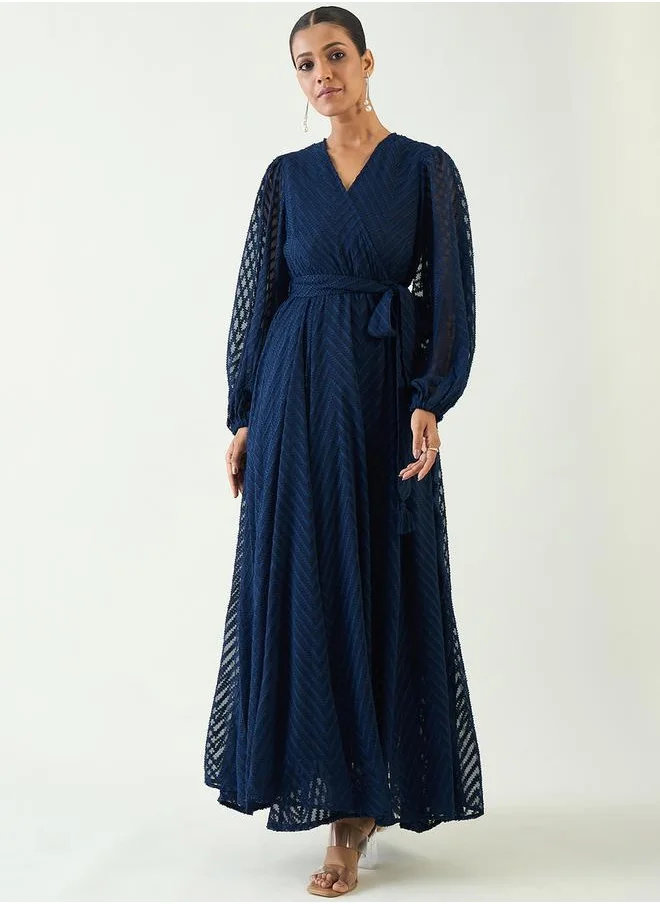 Femmella Chevron Dobby Wrap Maxi Dress with Waist Tie Detail by Styli