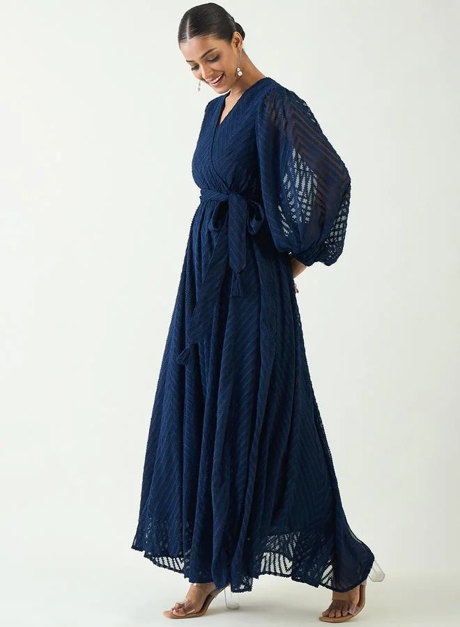 Femmella Femmella Chevron Dobby Wrap Maxi Dress with Waist Tie Detail