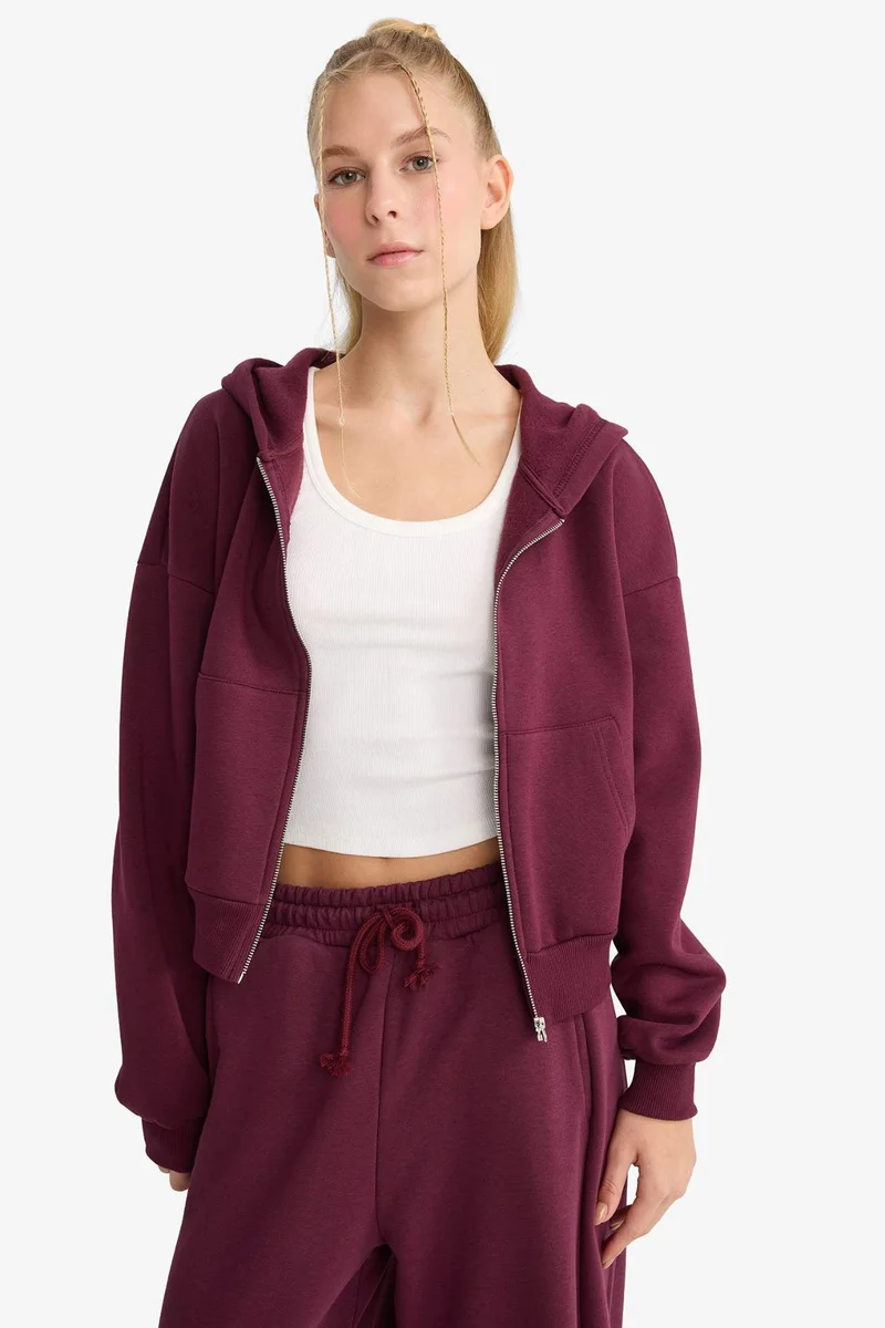 Defacto Cropped Fit Hooded Thick Zippered Sweatshirt