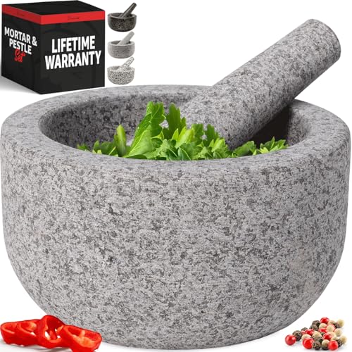 Priority Chef Heavy Duty Extra Large Mortar and Pestle Set, 4 Cup, Hand Carved from Natural Granite, Make Fresh Guacamole, Salsa, Pesto, Stone Grinder Bowl, Herb Crusher, Spice Grinder, Grey - Image 1