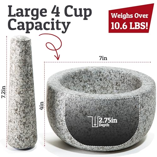 Priority Chef Heavy Duty Extra Large Mortar and Pestle Set, 4 Cup, Hand Carved from Natural Granite, Make Fresh Guacamole, Salsa, Pesto, Stone Grinder Bowl, Herb Crusher, Spice Grinder, Grey - Image 3