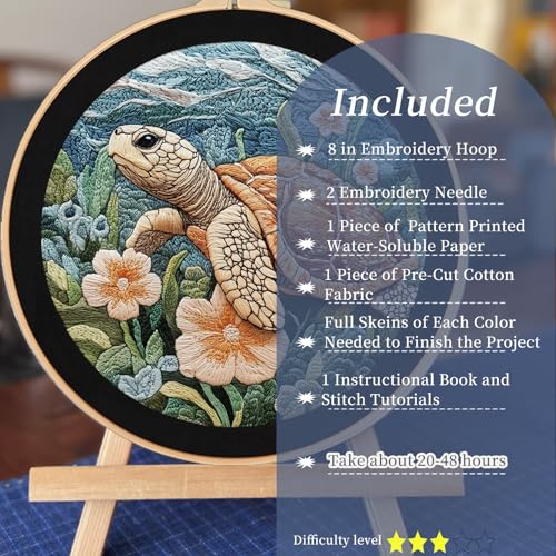 FONNUY Sea Turtle Floral Embroidery Kit, Cross Stitch Kits for Beginners, Handmade Crafts with Printed Patterns for Adults, Easy to Follow Color Thread Needlework, 8'' Hoop (Turtle and Flowers) - Image 2