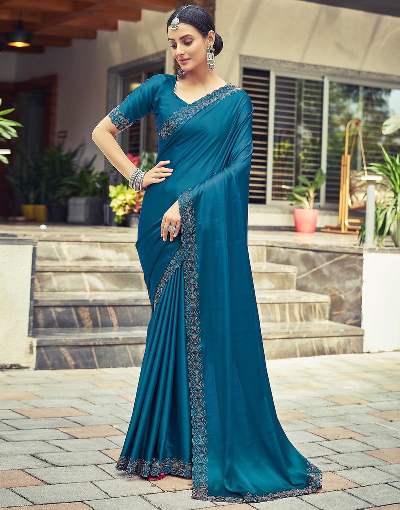 SIRIL Satin Silk Hot Fixing Stone Work Saree for Women With Unstitched Blouse Piece (3431S290_Teal Blue) - Image 2