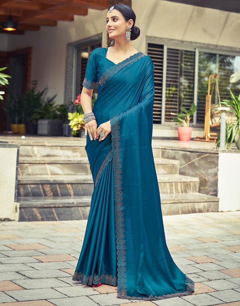 SIRIL Satin Silk Hot Fixing Stone Work Saree for Women With Unstitched Blouse Piece (3431S290_Teal Blue) - Image 3