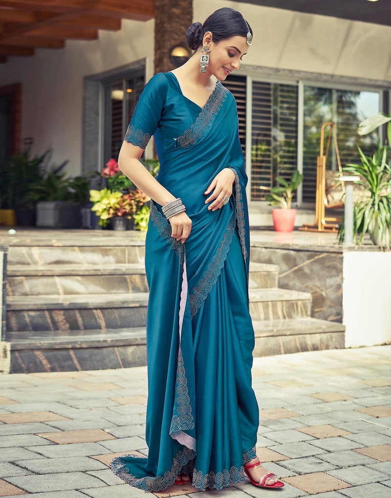 SIRIL Satin Silk Hot Fixing Stone Work Saree for Women With Unstitched Blouse Piece (3431S290_Teal Blue) - Image 5