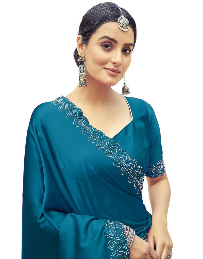 SIRIL Satin Silk Hot Fixing Stone Work Saree for Women With Unstitched Blouse Piece (3431S290_Teal Blue) - Image 1