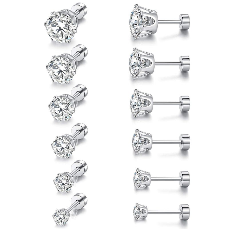 VOLUKA Cubic Zirconia Stainless Steel Screw Flat Back Earring - Hypoallergenic Stud Earrings for Women & Men - 316L Titanium CZ Stud Earrings for Nickel-Free, Trendy & Elegant - Image 1