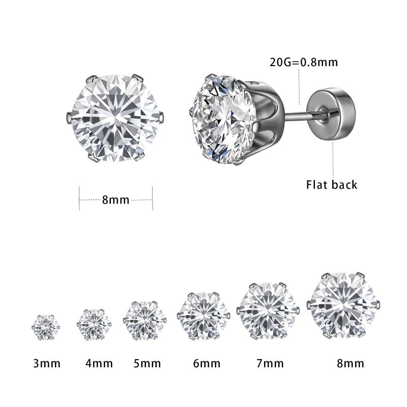 VOLUKA Cubic Zirconia Stainless Steel Screw Flat Back Earring - Hypoallergenic Stud Earrings for Women & Men - 316L Titanium CZ Stud Earrings for Nickel-Free, Trendy & Elegant - Image 2