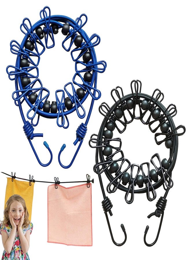 BODFPPC Portable Windproof Travel Clothesline BODFPPC， with 12 Clothespins and 14 Anti-Skid Clips for Outdoor Camping,Vacation Hotel,Balcony,Backyard (Blue+Black) - Image 1
