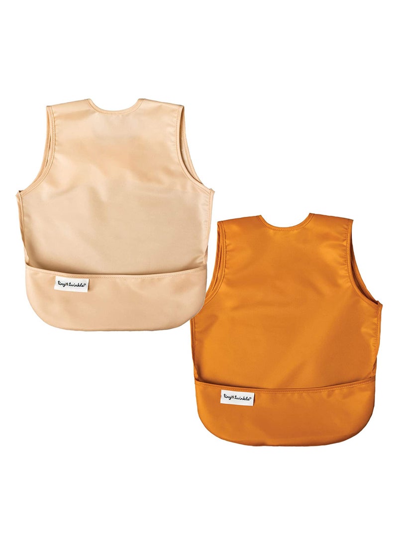 Tiny Twinkle Tiny Twinkle Mess-Proof Apron Toddler Bibs w/Tug-Proof Closure, Baby Food Bibs, 2 Pack Sand Cinnamon, (Small 6-24 Months)  - Image 1