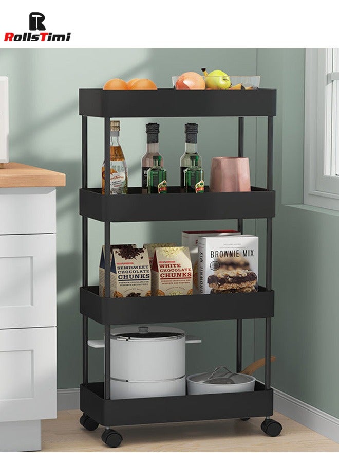 RollsTimi  4-Tier Plastic Storage Organizer Rolling Cart with Slim Shelves in Black - Image 1