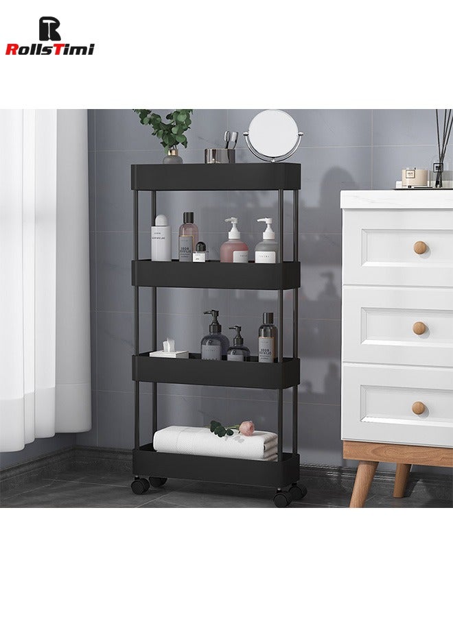 RollsTimi  4-Tier Plastic Storage Organizer Rolling Cart with Slim Shelves in Black - Image 2