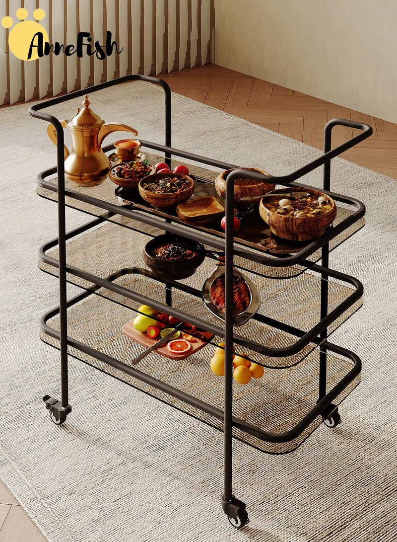 AnneFish 2PCS 3 Tier Glass Rolling Serving Trolley Home Bar Serving Cart with Wheels and Storage Shelves Beverage Cart with Protective Rails for Kitchen Dining Living Room - Image 2