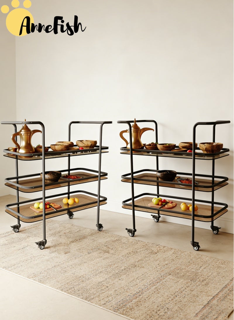 AnneFish 2PCS 3 Tier Glass Rolling Serving Trolley Home Bar Serving Cart with Wheels and Storage Shelves Beverage Cart with Protective Rails for Kitchen Dining Living Room - Image 1