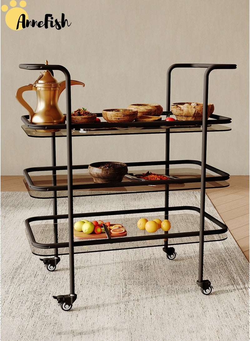 AnneFish 2PCS 3 Tier Glass Rolling Serving Trolley Home Bar Serving Cart with Wheels and Storage Shelves Beverage Cart with Protective Rails for Kitchen Dining Living Room - Image 3
