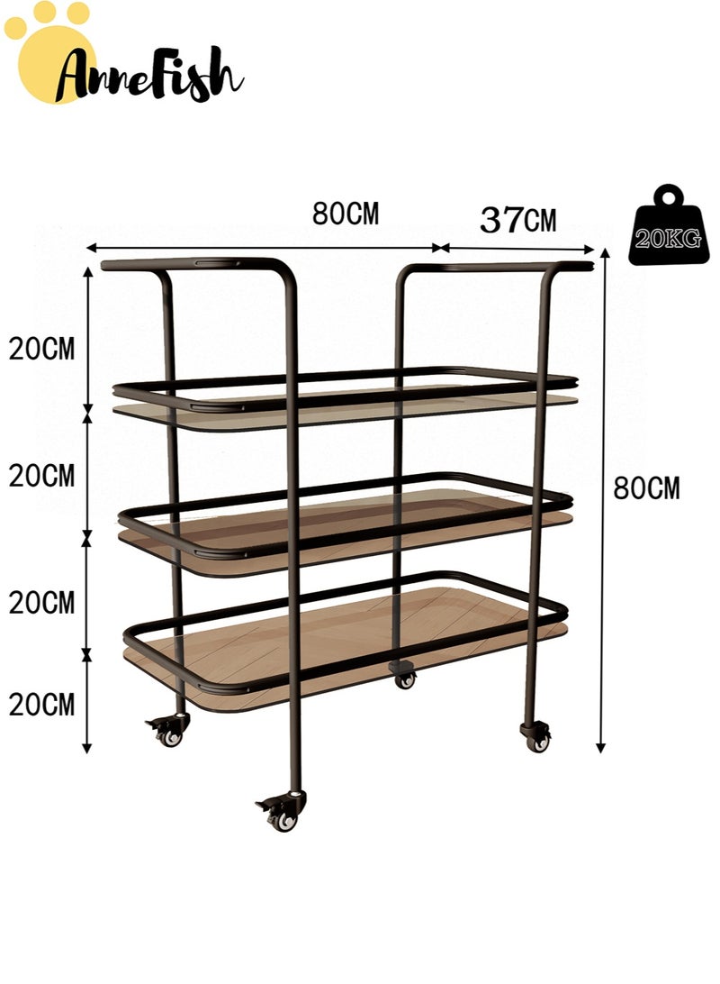 AnneFish 2PCS 3 Tier Glass Rolling Serving Trolley Home Bar Serving Cart with Wheels and Storage Shelves Beverage Cart with Protective Rails for Kitchen Dining Living Room - Image 5