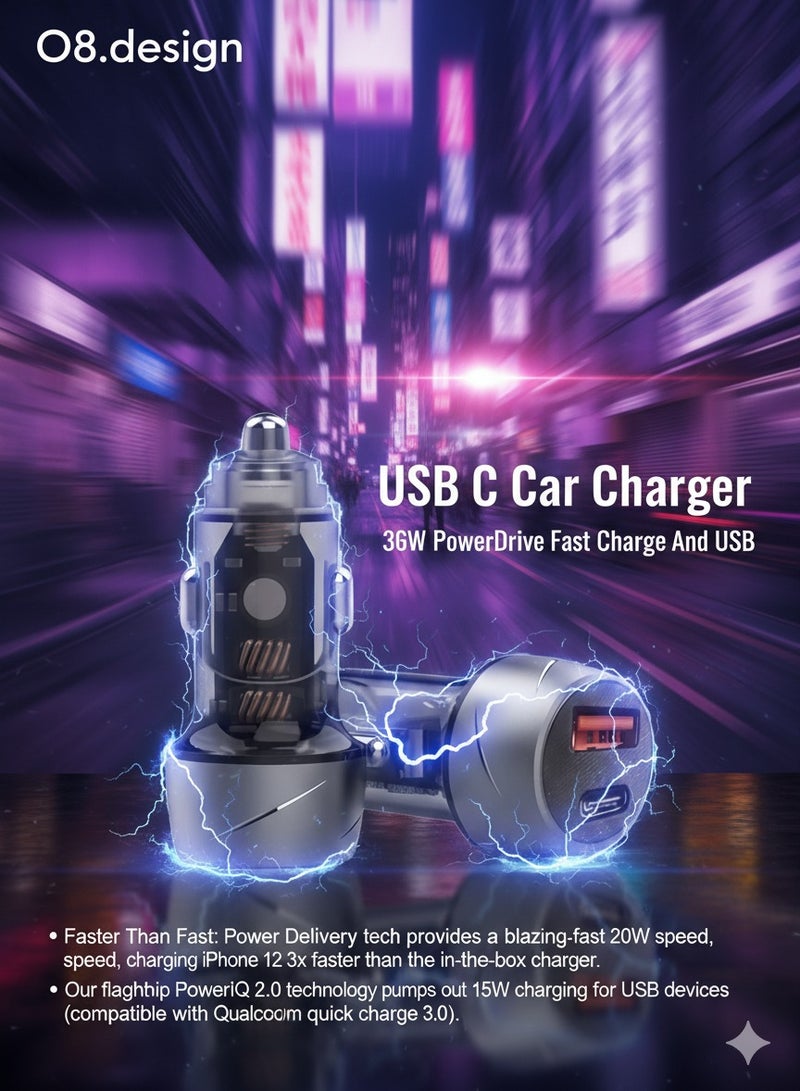O8.design USB C Car Charger, 36W PowerDrive  Fast Charge And USB - Image 1