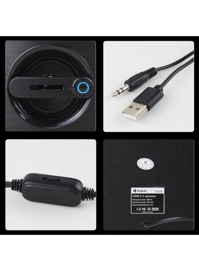 كيسونلي مكبر صوت Kisonli T-010 USB ستيريو للكمبيوتر والمنزل – صوت واضح بمدى 90Hz-20kHz ومدخل AUX مع تصميم مدمج - Image 3