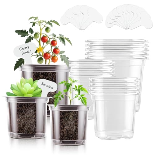 SupKing Clear Nursery Pots 5/4/3.5 Inch Plastic Seed Starter Plant Flower Pot with Drainage Holes for Transplanting Succulents Cuttings Seedlings 15 Labels (12Pcs) - Image 1
