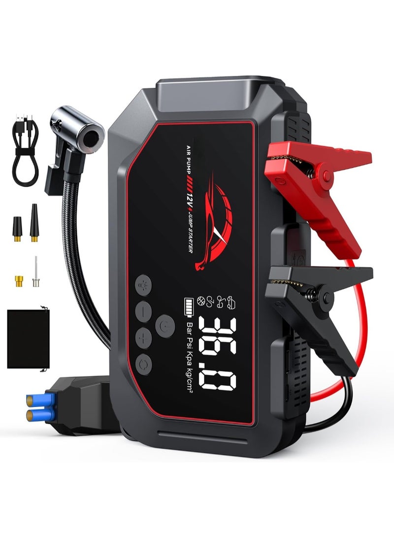 جهاز تشغيل بطارية السيارة 7000 أمبير مع ضاغط هواء 150 رطل لكل بوصة مربعة، معزز بطارية السيارة 12 فولت (10 لتر بنزين/8 لتر ديزل)، جهاز تشغيل السيارة بشاشة LED ومصباح يدوي - Image 1
