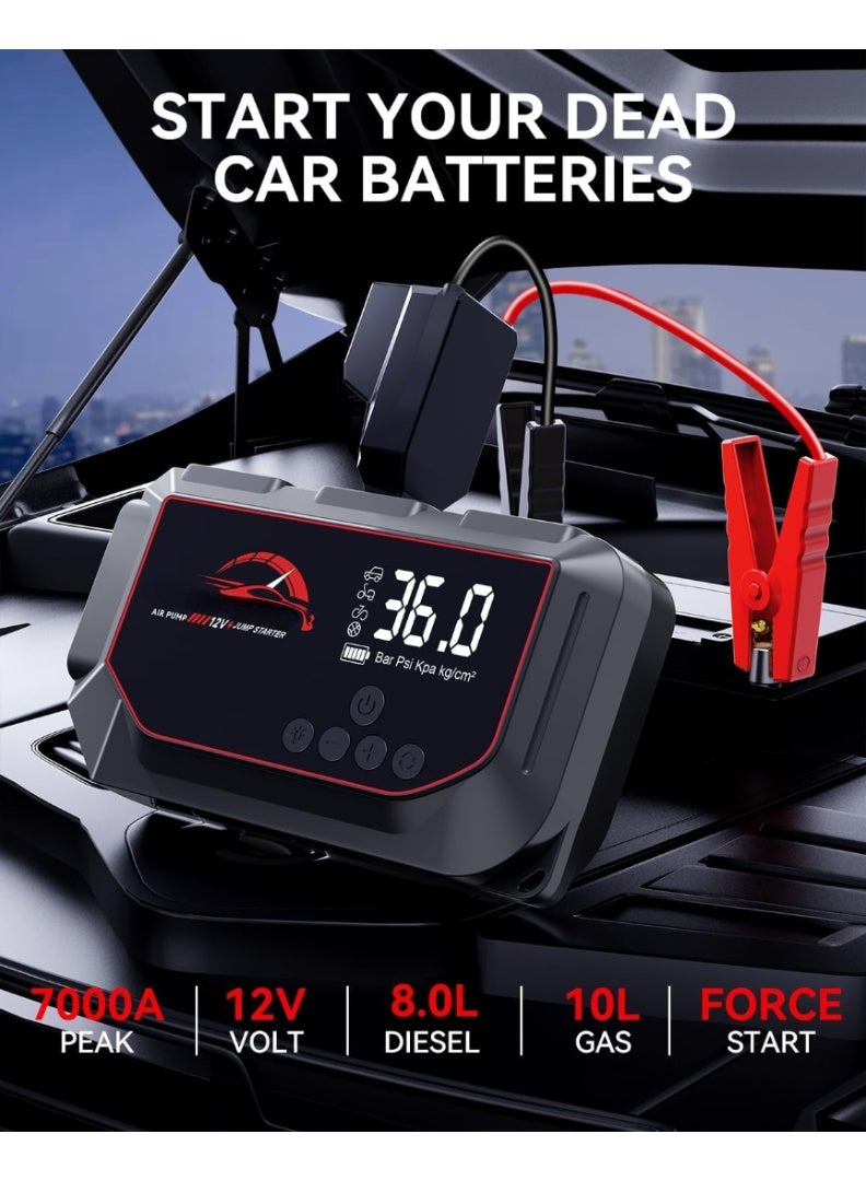 جهاز تشغيل بطارية السيارة 7000 أمبير مع ضاغط هواء 150 رطل لكل بوصة مربعة، معزز بطارية السيارة 12 فولت (10 لتر بنزين/8 لتر ديزل)، جهاز تشغيل السيارة بشاشة LED ومصباح يدوي - Image 2