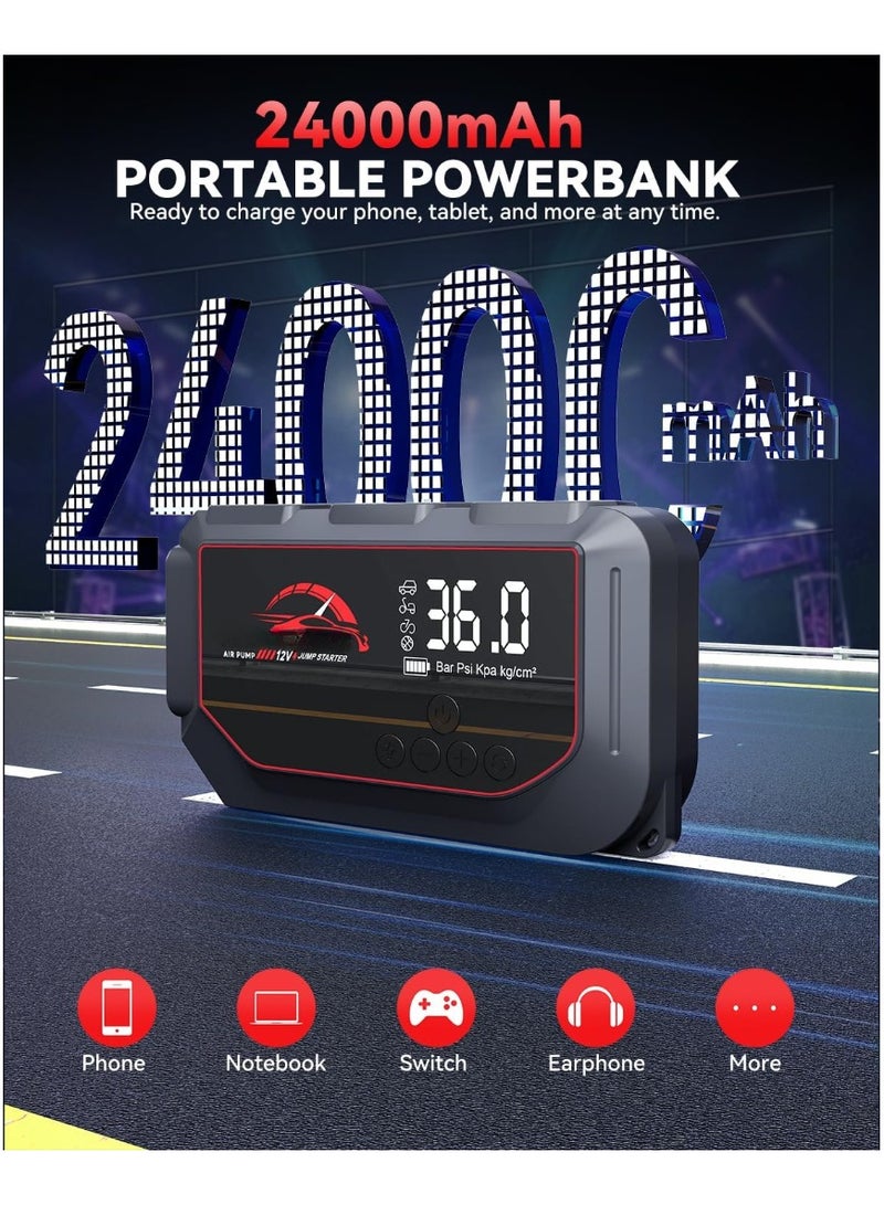 جهاز تشغيل بطارية السيارة 7000 أمبير مع ضاغط هواء 150 رطل لكل بوصة مربعة، معزز بطارية السيارة 12 فولت (10 لتر بنزين/8 لتر ديزل)، جهاز تشغيل السيارة بشاشة LED ومصباح يدوي - Image 4