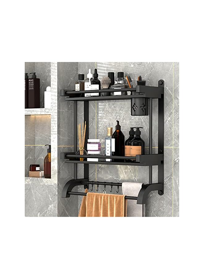 vesus Shelf with Towel Bars, 2 Tier Bathroom Wall Shelf Shower Storage Rack with Brush Holder,Bathroom Towel Rack with Shelf,Storage Organizer Shelf for Bathroom Kitchen (2-tier with cups(60CM)) - Image 2